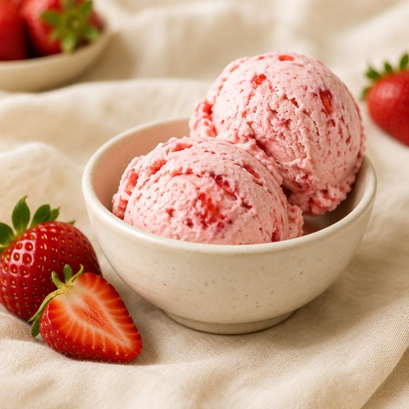 Two scoops of strawberry ice cream with fresh strawberries