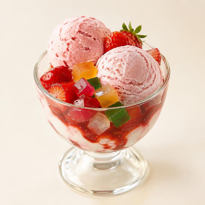 Strawberry Dream Sundae in a glass cup — 2 scoops Strawberry, Strawberry Compote, Jelly