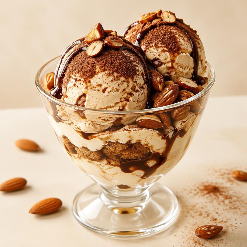 Tiramisu Sundae in a glass cup — 2 scoops Tiramisu, Roasted Almond, Chocolate Sauce
