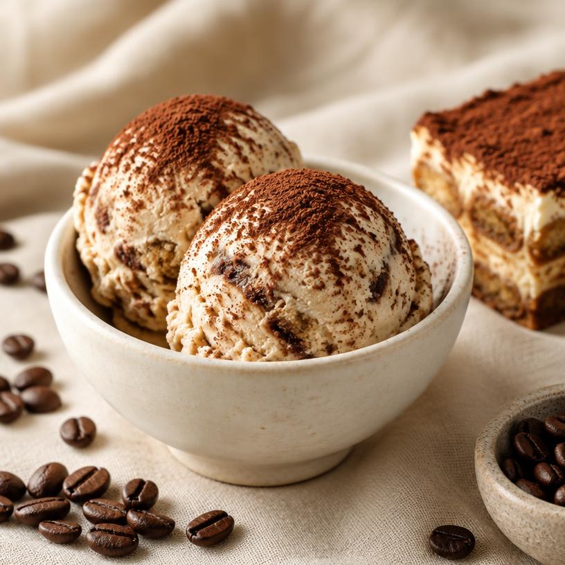 Two scoops of tiramisu ice cream dusted with cocoa beside coffee beans