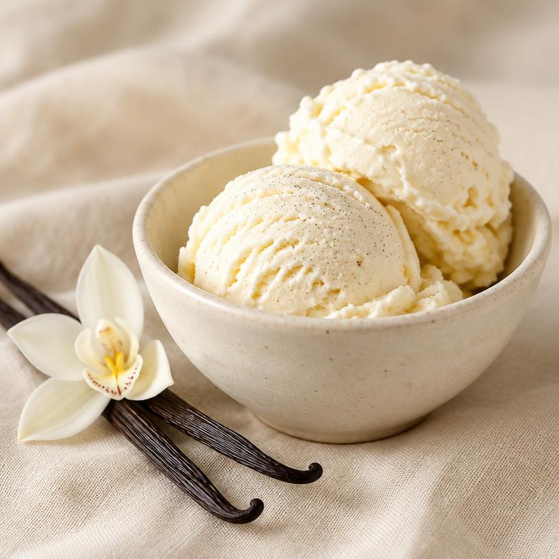 Two scoops of vanilla ice cream with vanilla pods and a white orchid flower
