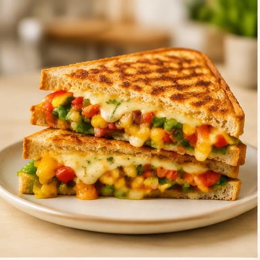 Grilled vegetarian sandwich with vegetables and cheese